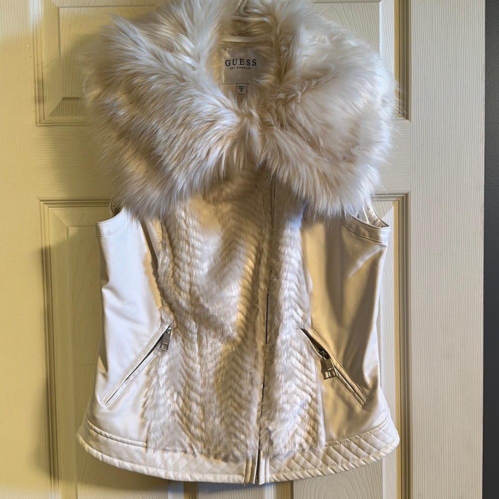 Guess Cream Faux Fur Collared Vest